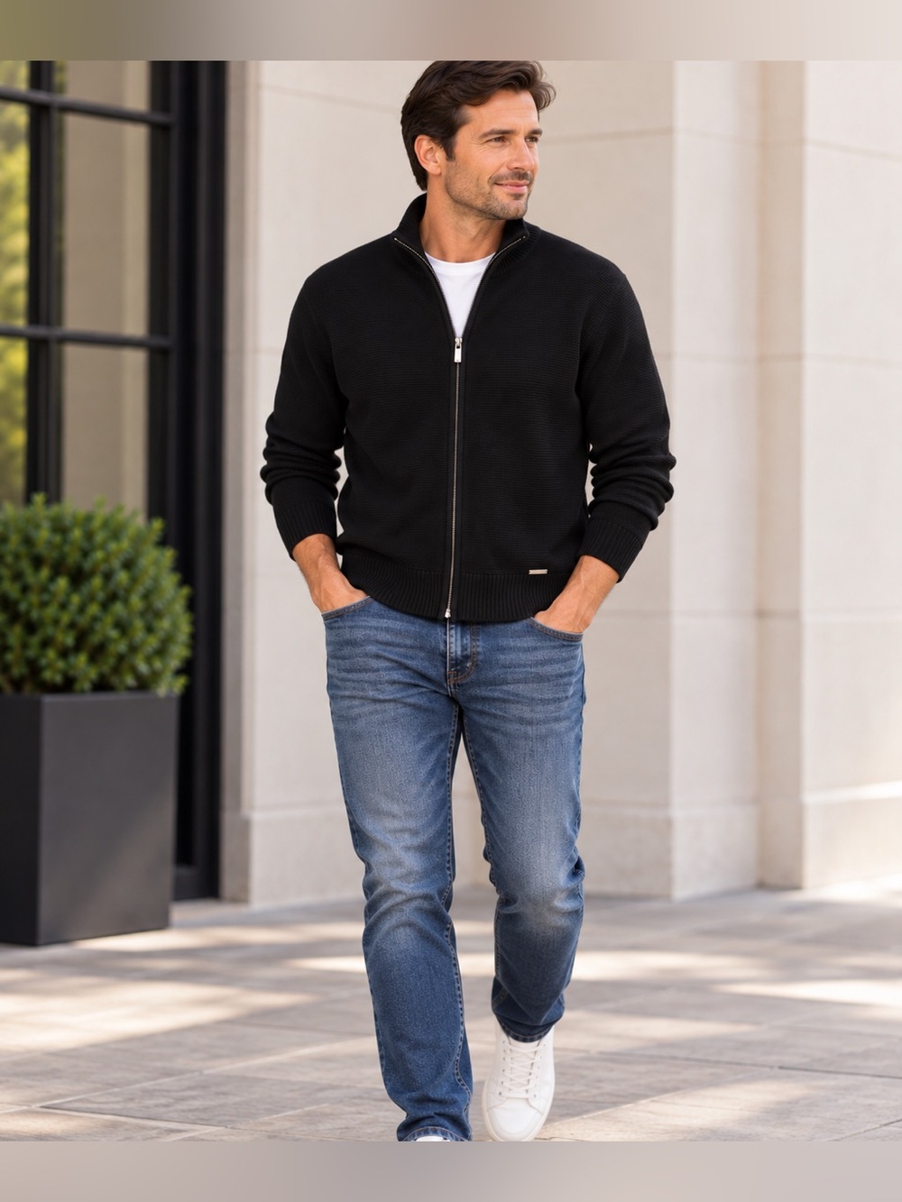 Michael Michael Kors Black 100% Cotton Full Zip Ribbed Knit Cardigan Size L